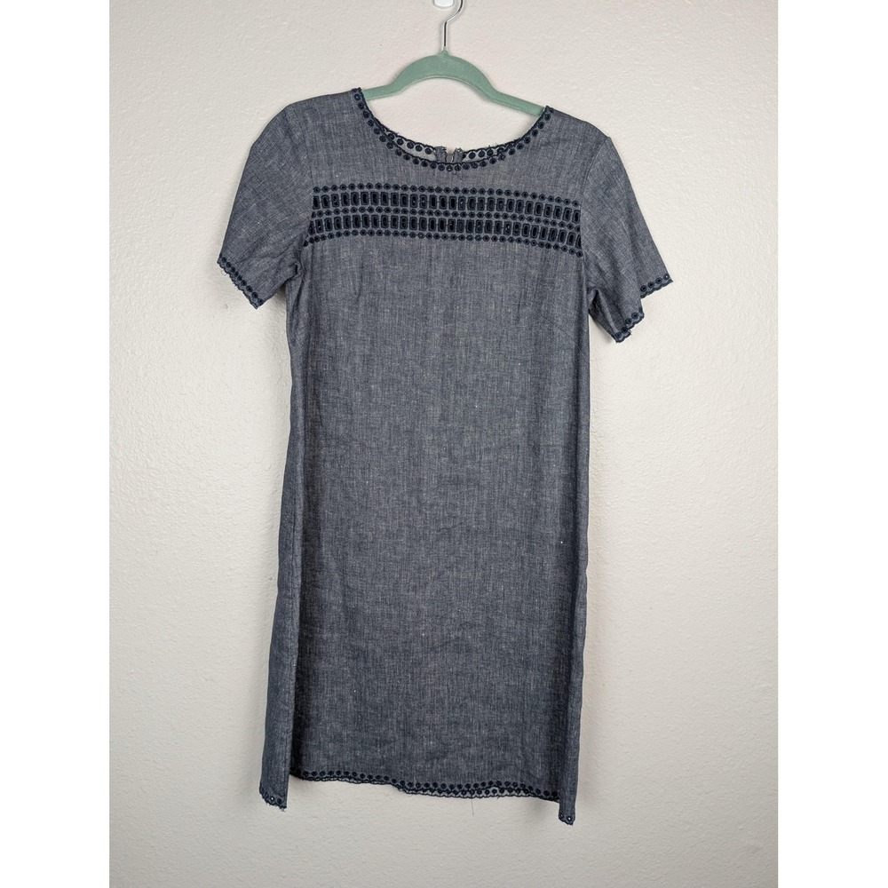Ann Taylor Dress Womens 2‎ Blue Chambray Eyelet Trim Shift Short Sleeve